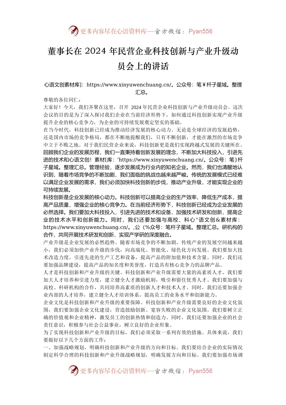 董事长在 2024 年民营企业科技创新与产业升级动员会上的讲话.docx_第1页