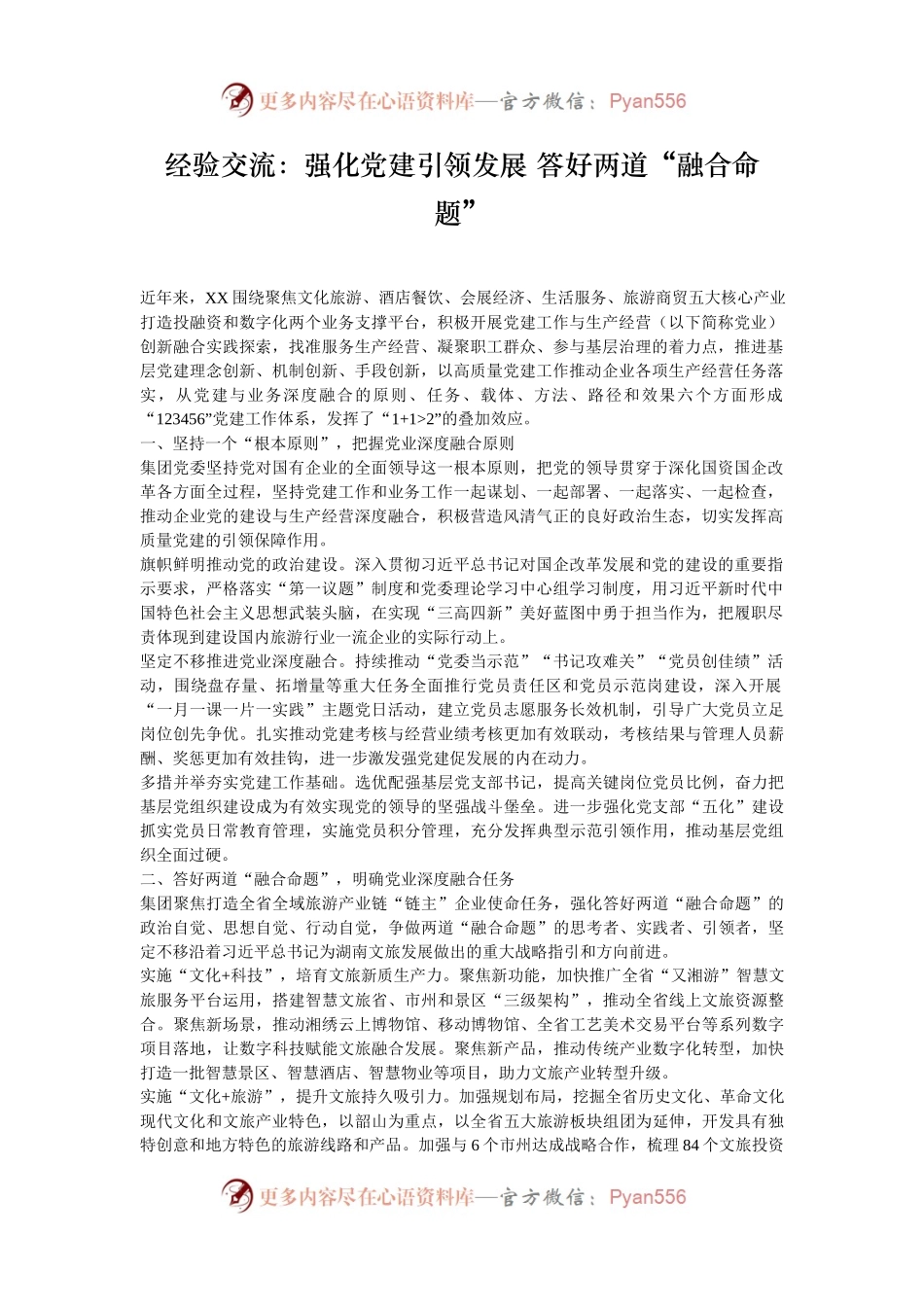 经验交流：强化党建引领发展 答好两道“融合命题”.docx_第1页