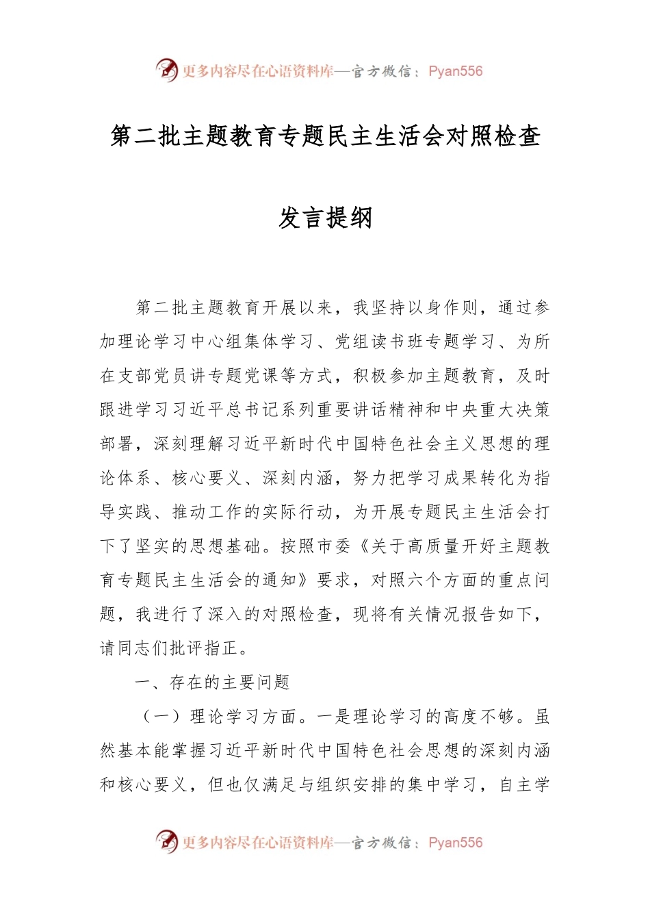 第二批主题教育专题民主生活会对照检查发言稿提纲.docx_第1页