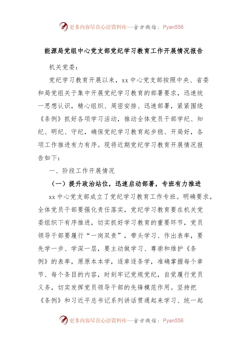 能源局党组中心党支部党纪学习教育工作开展情况报告.docx_第1页