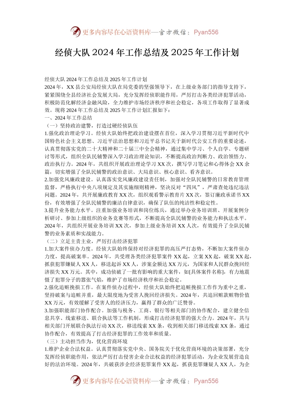 经侦大队2024年工作总结及2025年工作计划.docx_第1页