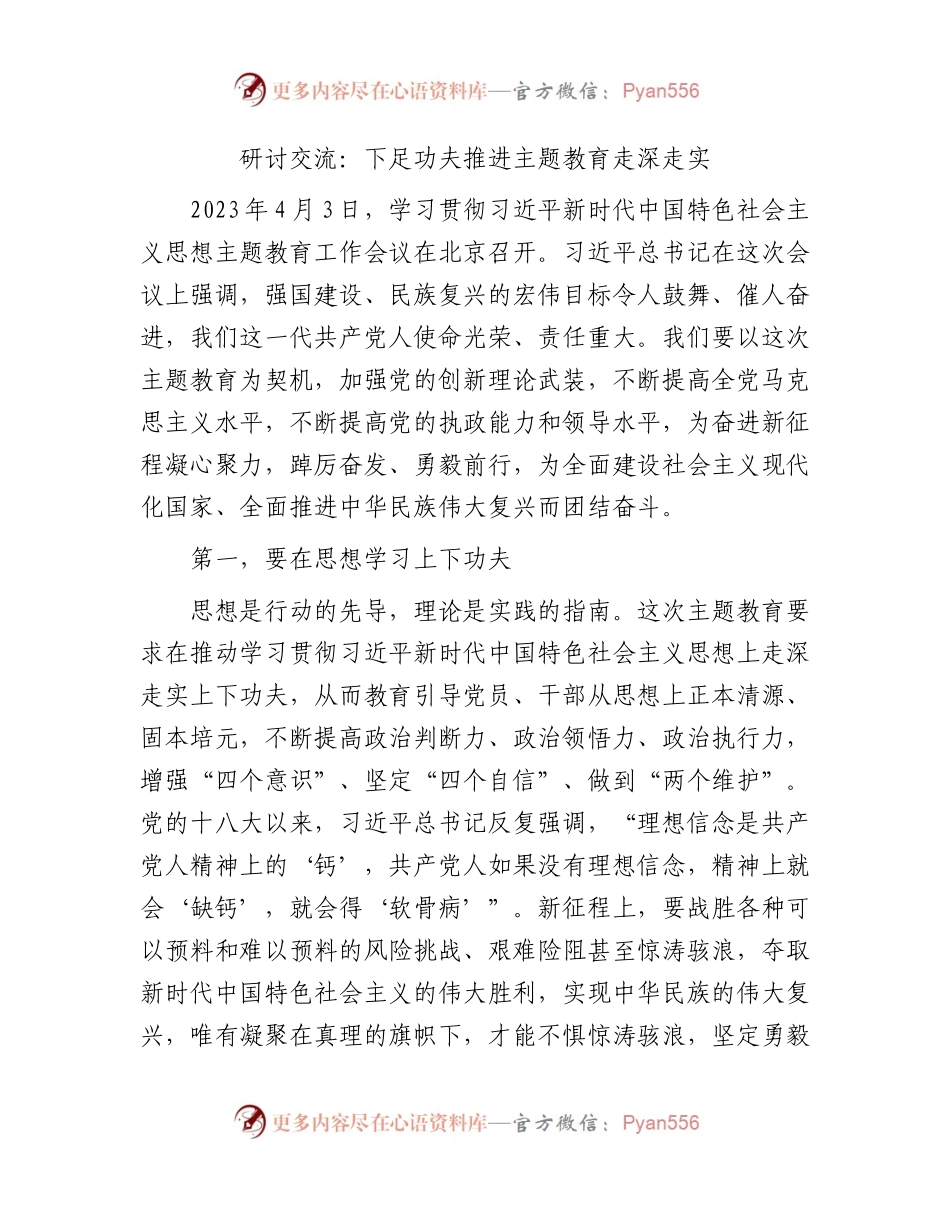 研讨发言：下足功夫 推进主题教育走深走实2900字.docx_第1页
