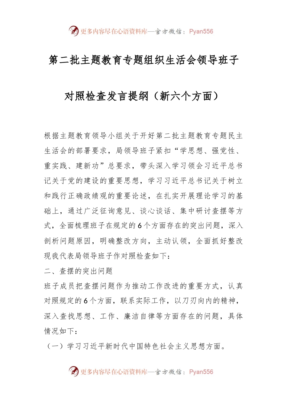 第二批主题教育专题组织生活会领导班子对照检查发言稿提纲（新六个方面）.docx_第1页