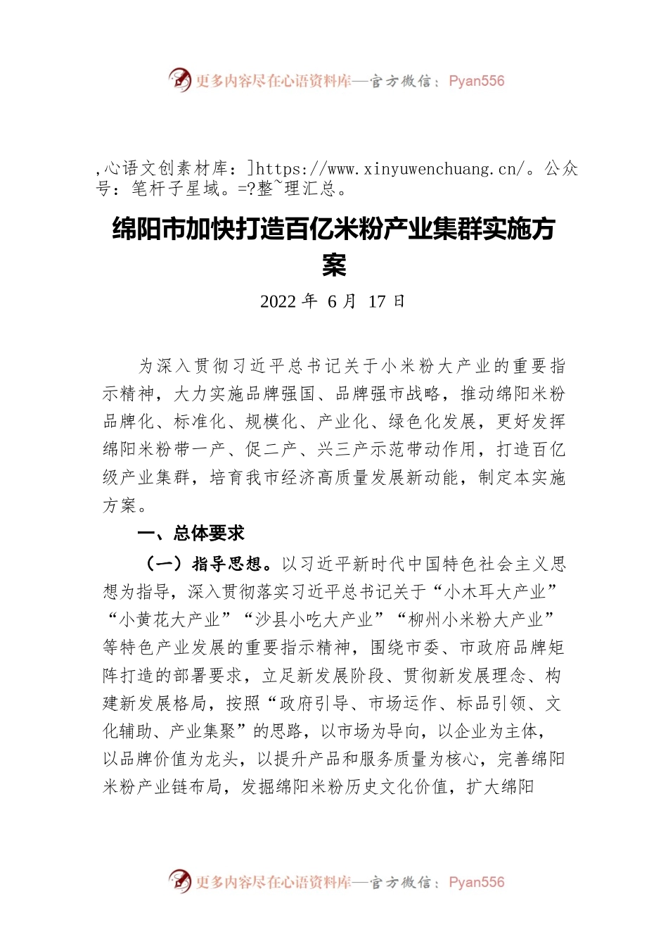 绵阳市加快打造百亿米粉产业集群实施方案（20220617）.docx_第1页