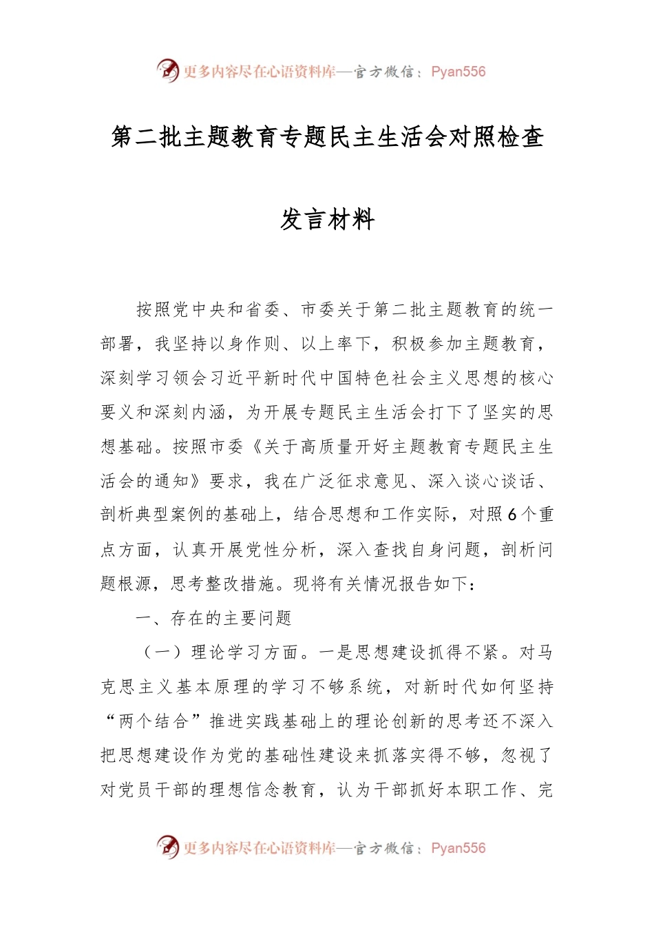 第二批主题教育专题民主生活会对照检查发言稿材料.docx_第1页