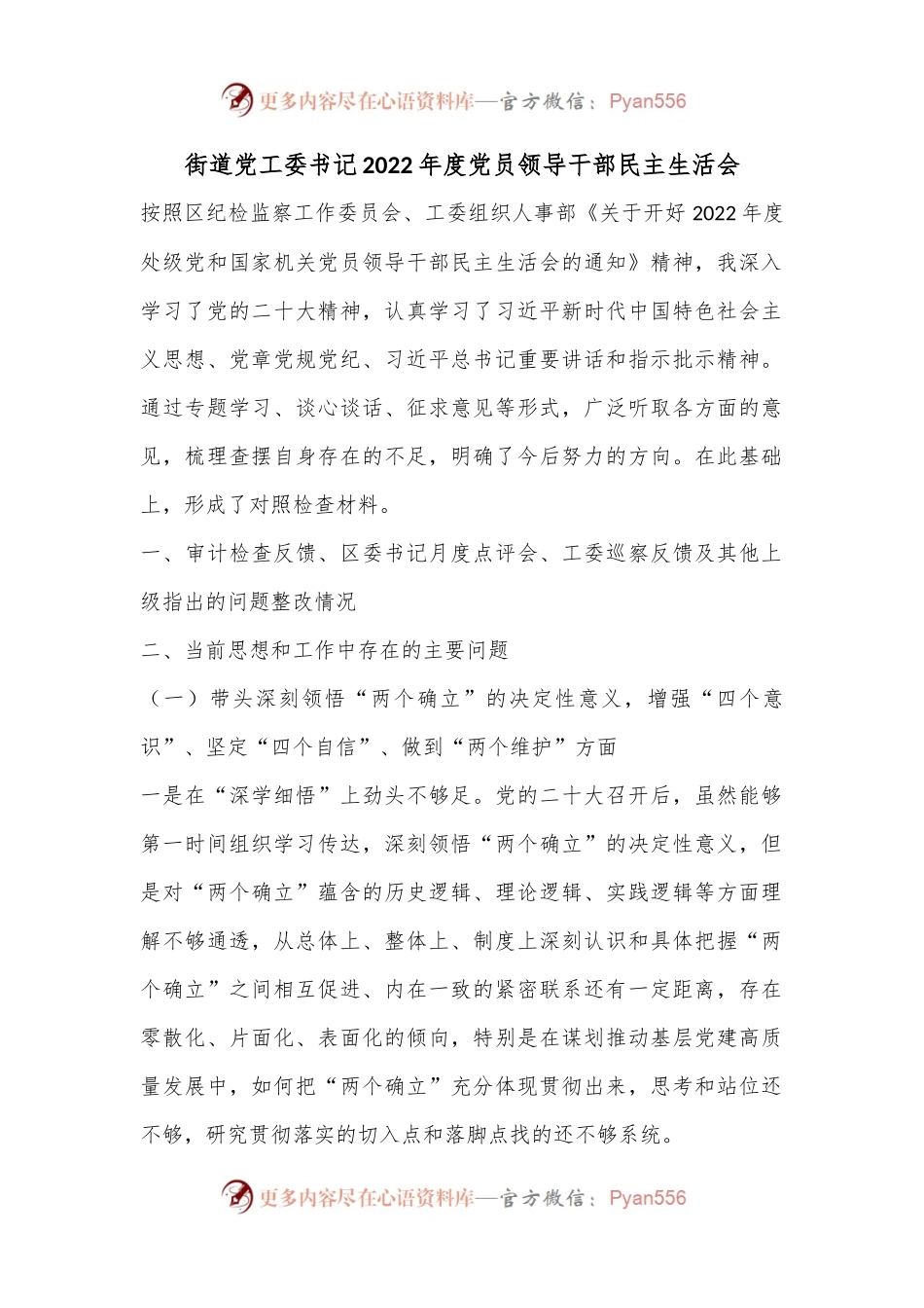 街道党工委书记2022年度党员领导干部民主生活会.docx_第1页