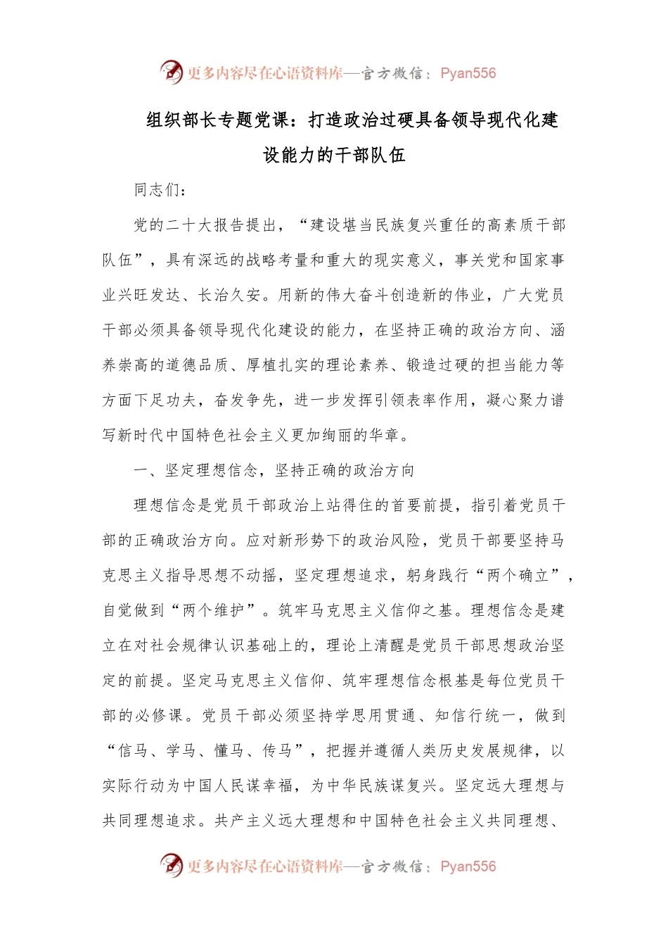组织部长专题党课：打造政治过硬具备领导现代化建设能力的干部队伍.docx_第1页