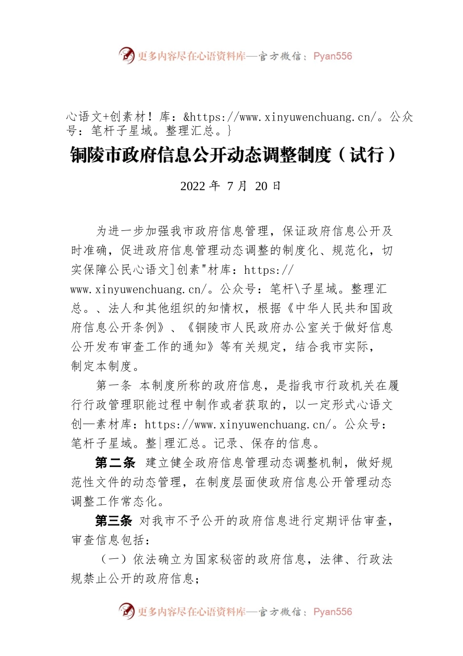 铜陵市政府信息公开动态调整制度（试行）（20220720）.docx_第1页