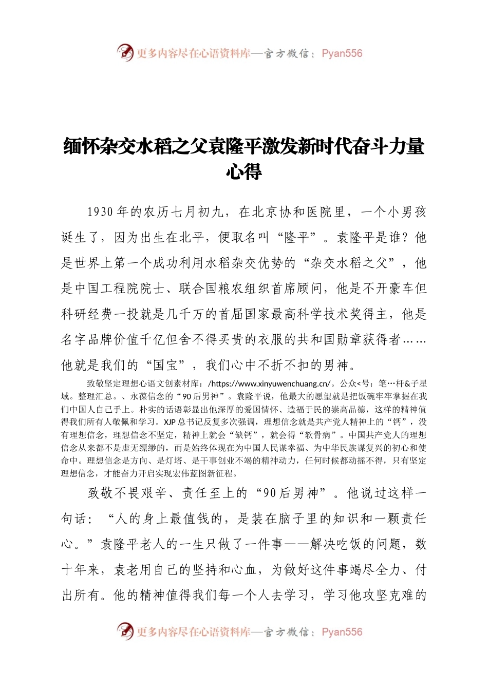 缅怀杂交水稻之父袁隆平激发新时代奋斗力量心得.docx_第1页