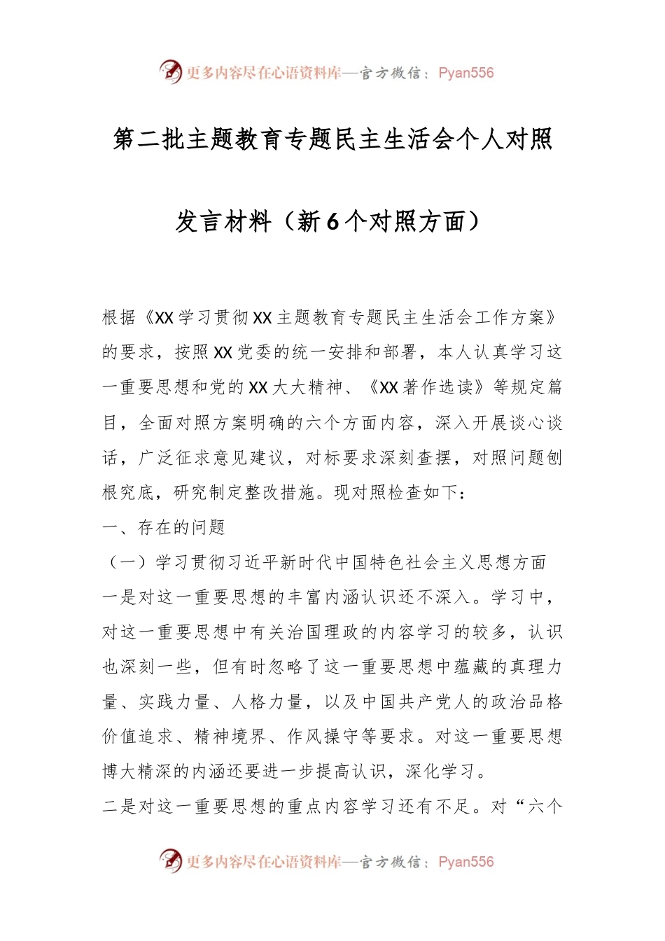 第二批主题教育专题民主生活会个人对照发言稿材料（新6个对照方面）.docx_第1页