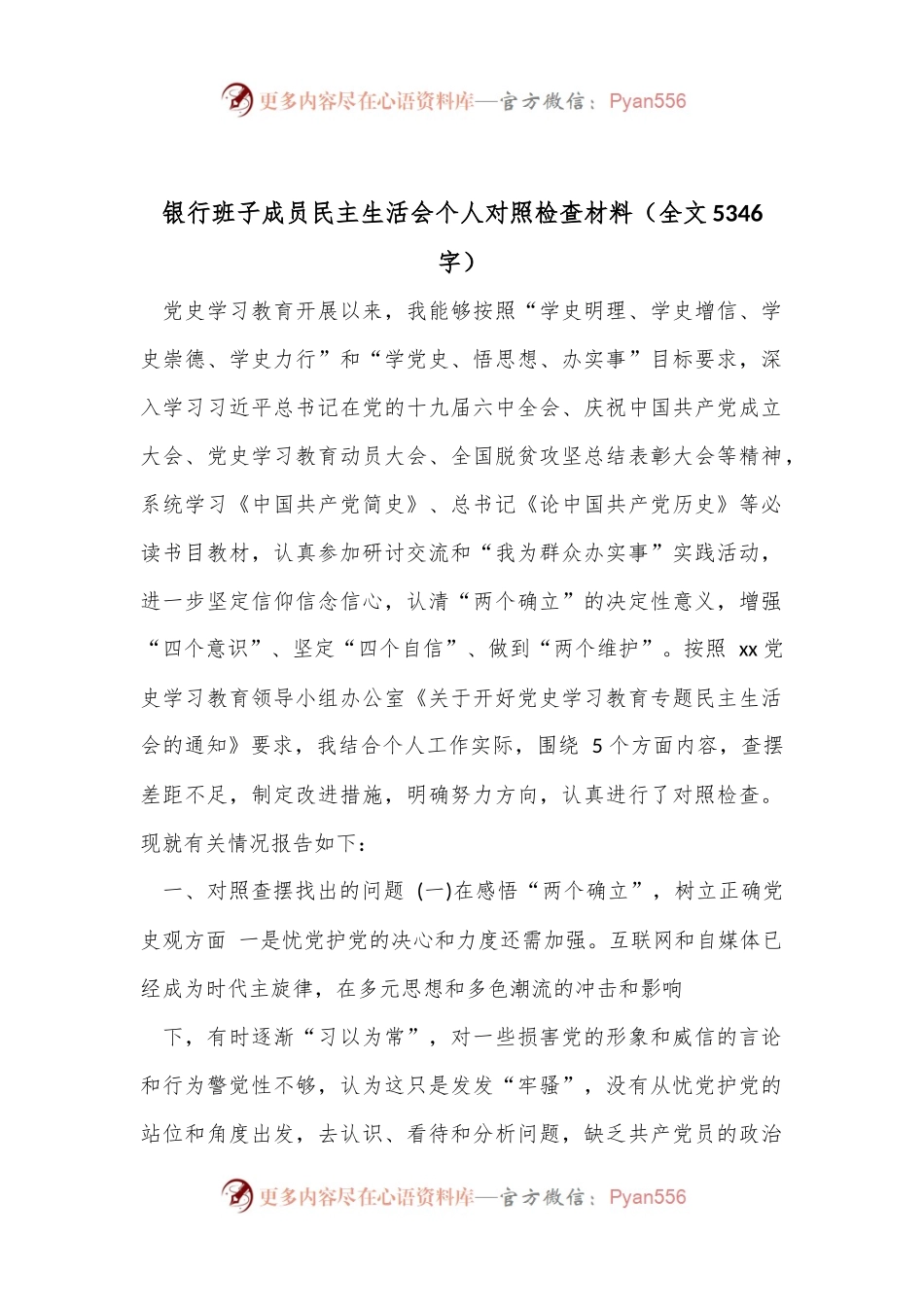 银行班子成员民主生活会个人对照检查材料（全文5346字）.docx_第1页
