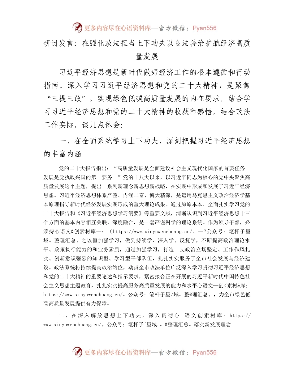 研讨发言：在强化政法担当上下功夫以良法善治护航经济高质量发展.docx_第1页