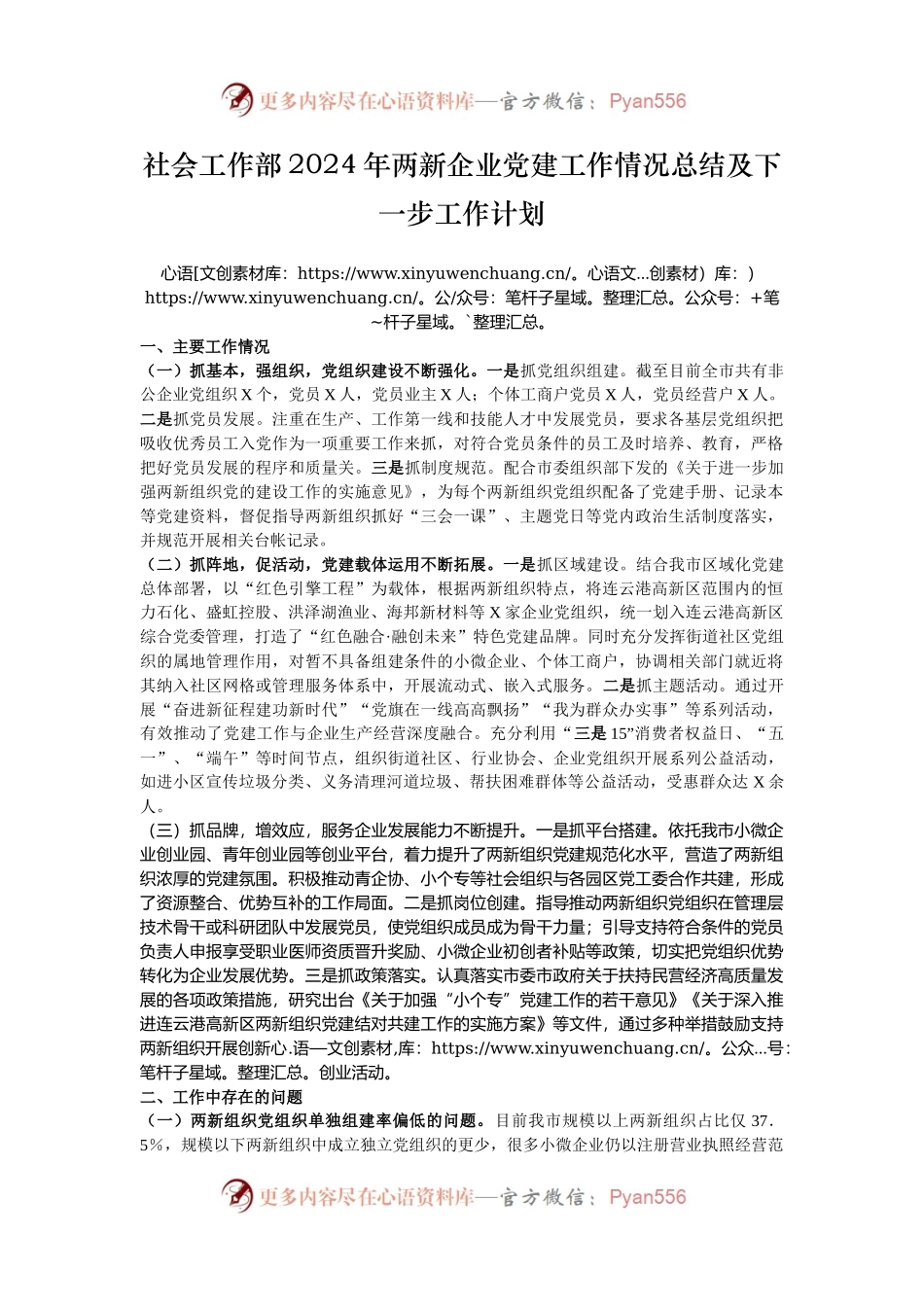 社会工作部2024年两新企业党建工作情况总结及下一步工作计划.docx_第1页