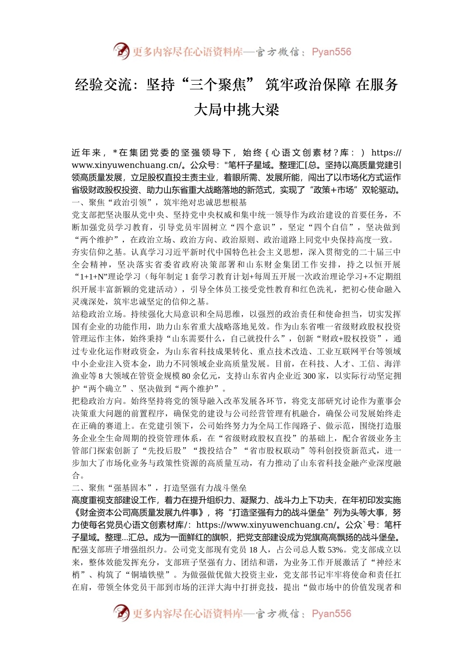 经验交流：坚持“三个聚焦” 筑牢政治保障 在服务大局中挑大梁.docx_第1页