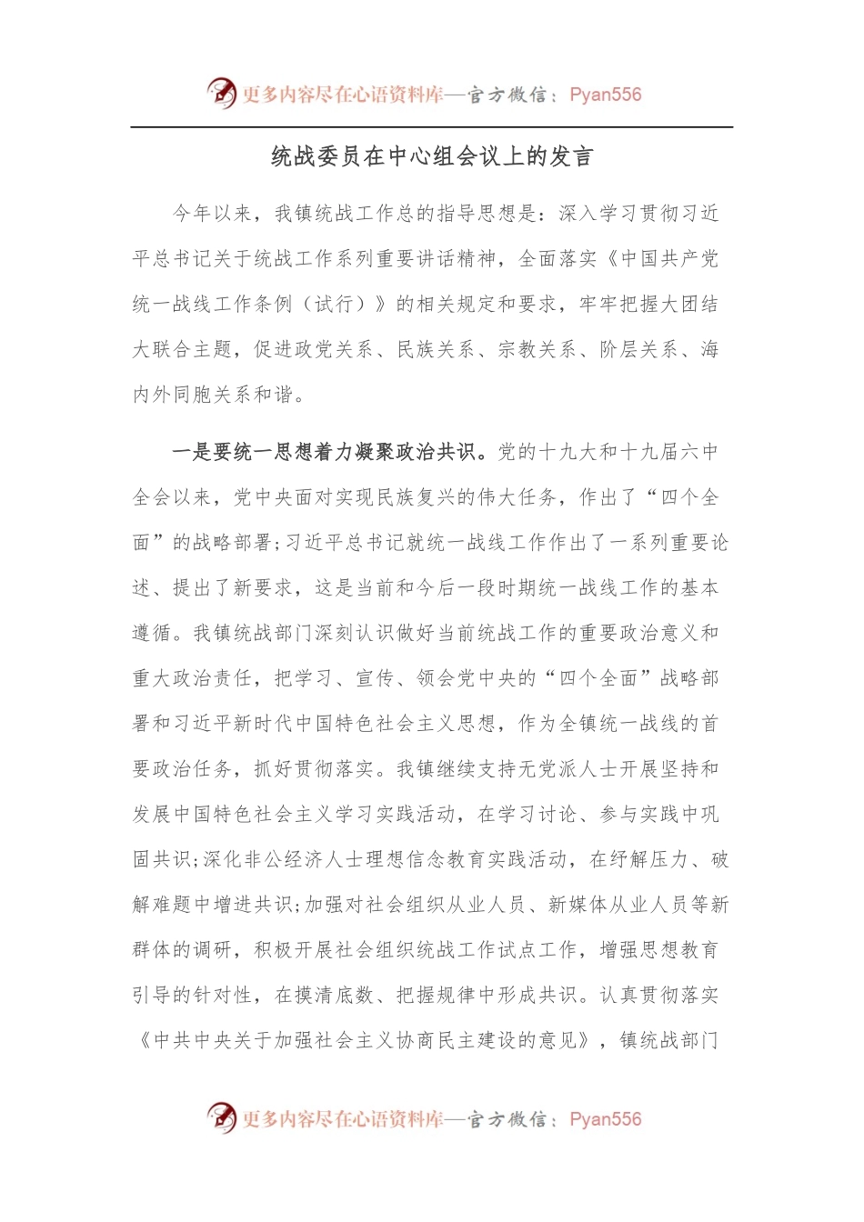 统战委员在中心组会议上的发言.docx_第1页