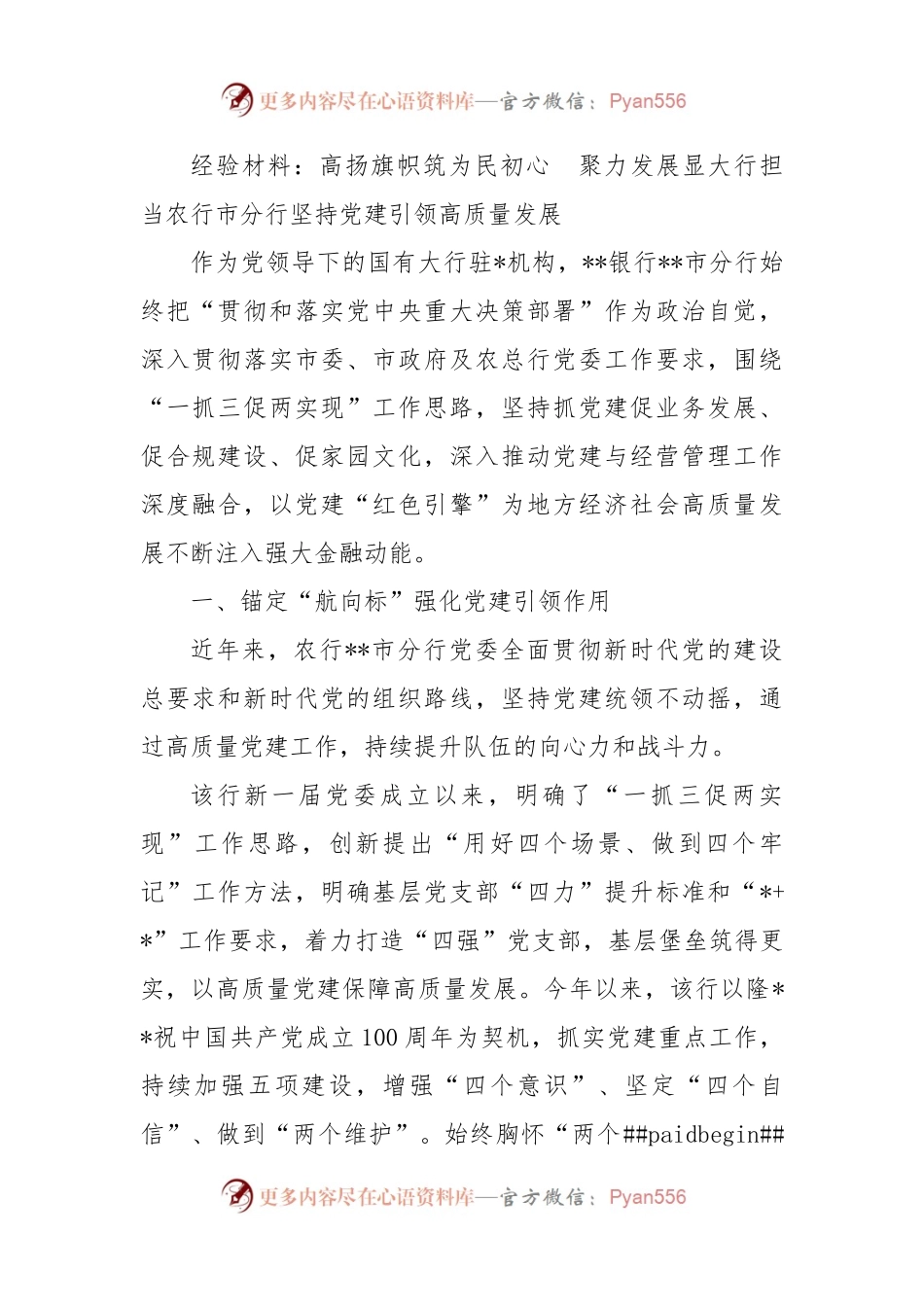 经验材料：高扬旗帜筑为民初心  聚力发展显大行担当农行市分行坚持党建引领高质量发展.docx_第1页