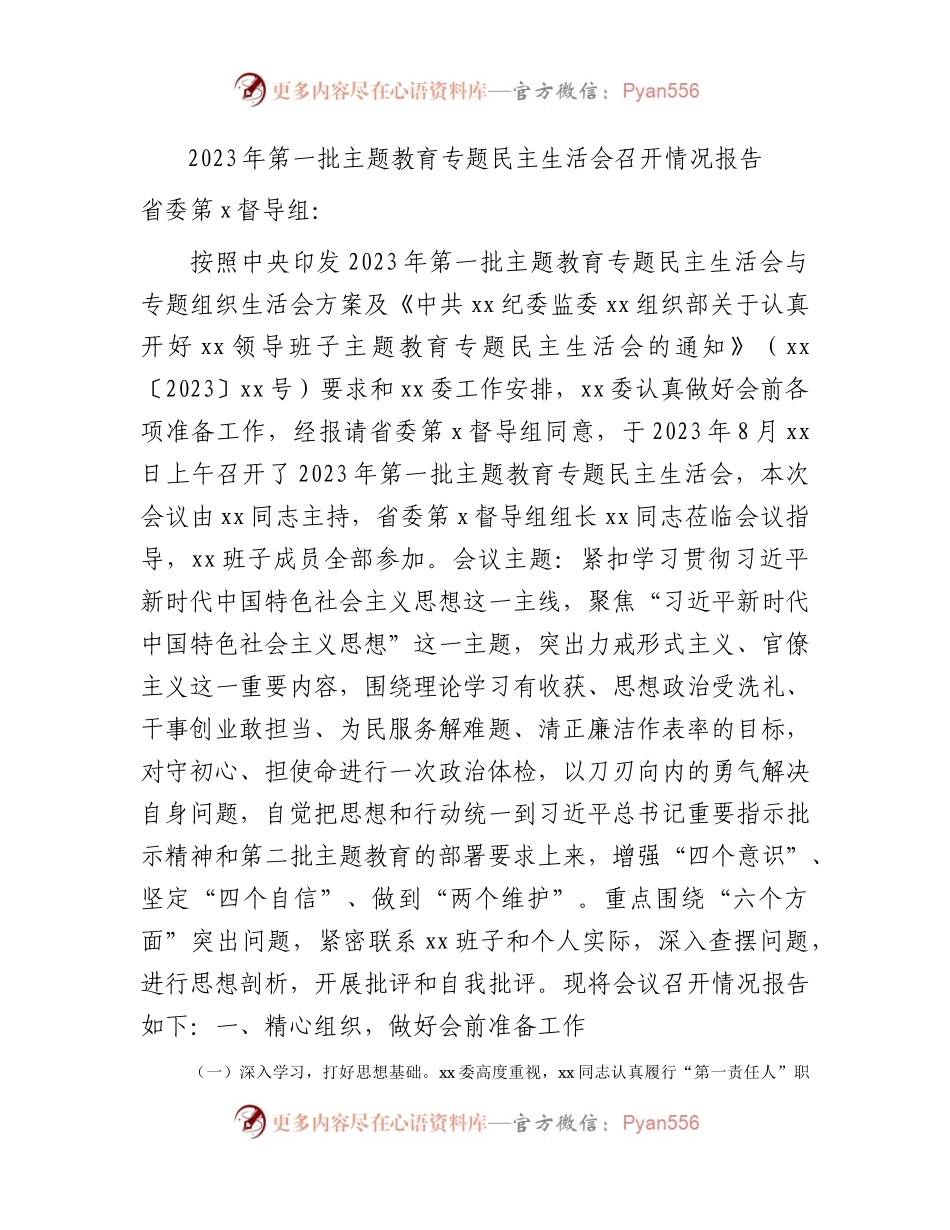 第一批主题教育专题民主生活会召开情况总结报告3000字.docx_第1页