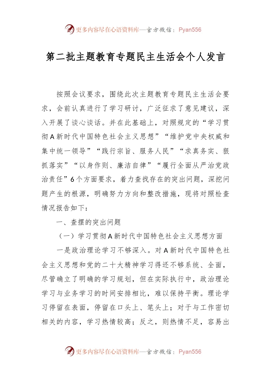 第二批主题教育专题民主生活会个人发言稿.docx_第1页