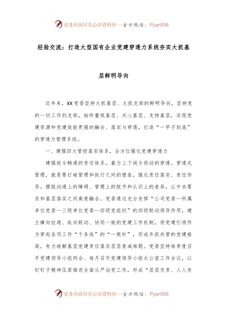 经验交流：打造大型国有企业党建穿透力系统 夯实大抓基层鲜明导向.docx_第1页