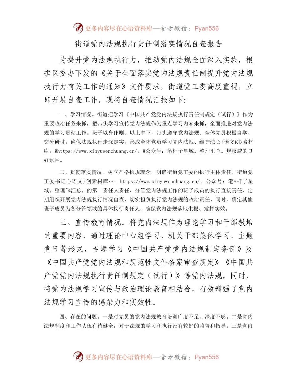 街道党内法规执行责任制落实情况自查报告.docx_第1页