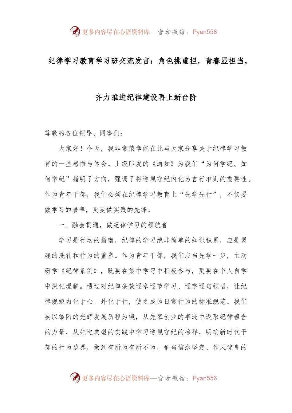 纪律学习教育学习班交流发言：角色挑重担，青春显担当，齐力推进纪律建设再上新台阶.docx_第1页