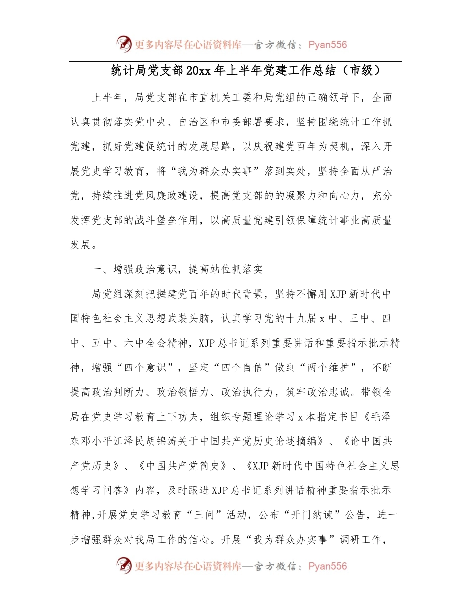 统计局党支部20xx年上半年党建工作总结[市级].docx_第1页
