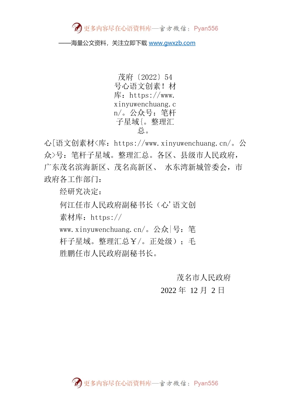 茂名市人民政府关于何江、毛胜鹏任职的通知.docx_第1页