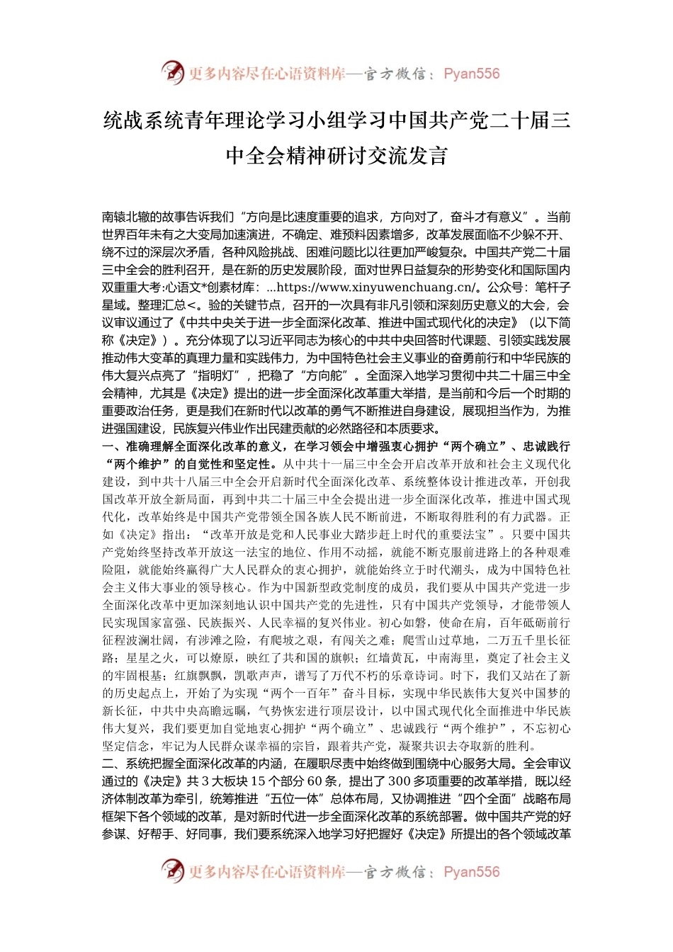 统战系统青年理论学习小组学习中国共产党二十届三中全会精神研讨交流发言.docx_第1页