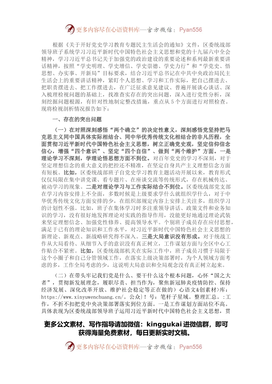 统战部领导班子班子党史学习教育专题民主生活会检视剖析材料.docx_第1页