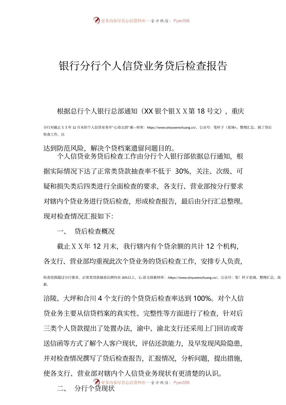 银行分行个人信贷业务贷后检查报告.docx_第1页