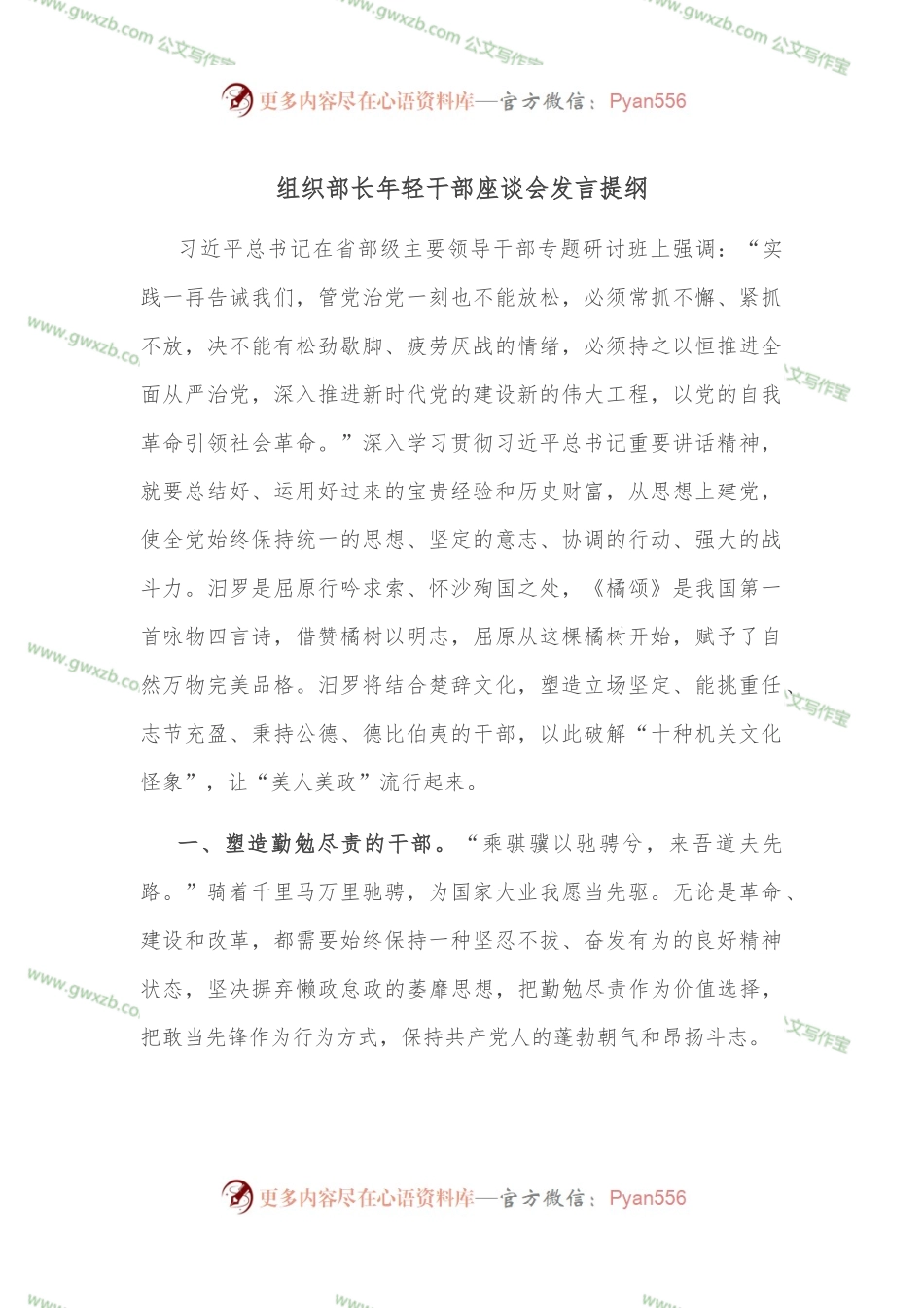 组织部长年轻干部座谈会发言提纲.docx_第1页