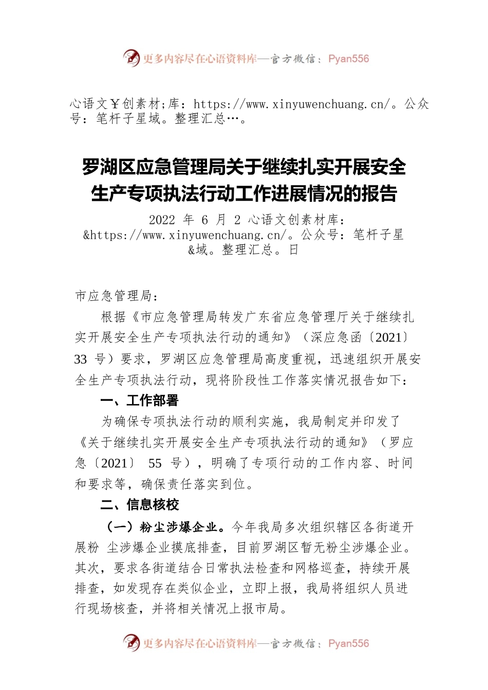 罗湖区应急管理局关于继续扎实开展安全生产专项执法行动工作进展情况的报告（20220602）.docx_第1页