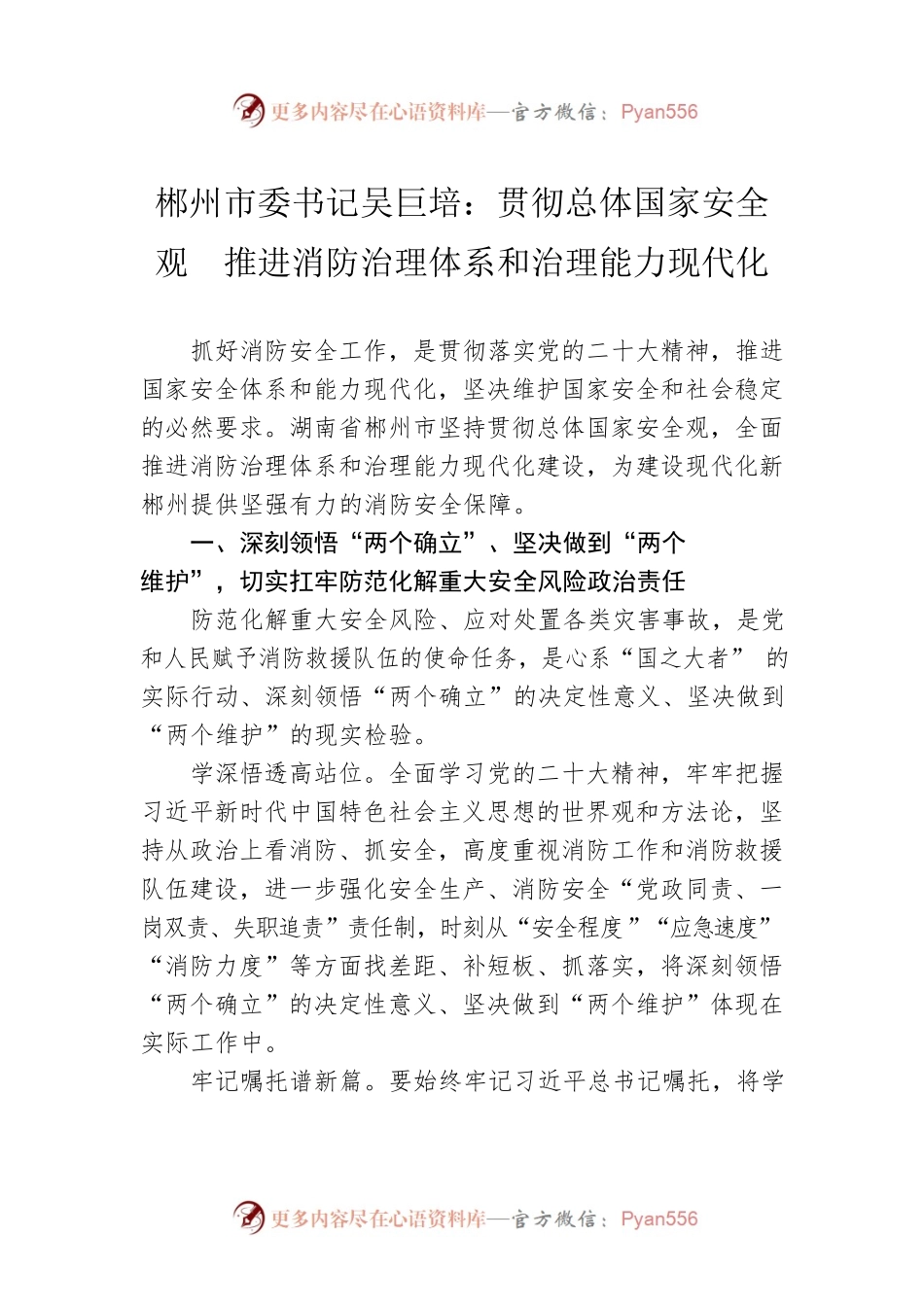 郴州市委书记吴巨培：贯彻总体国家安全观  推进消防治理体系和治理能力现代化(20221121).docx_第1页