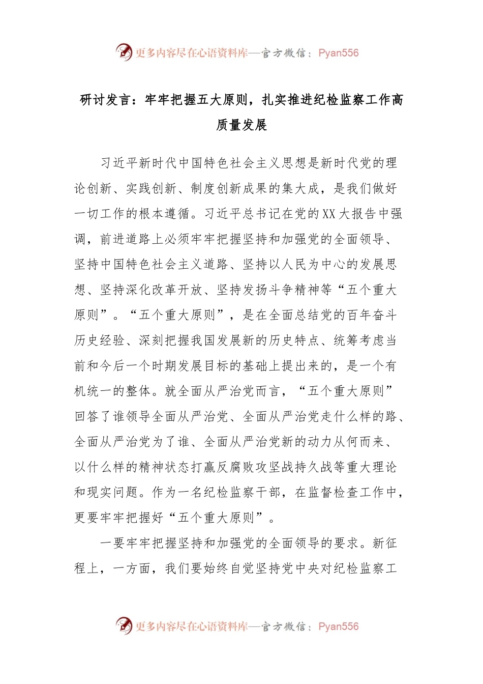 研讨发言：牢牢把握五大原则，扎实推进纪检监察工作高质量发展.docx_第1页