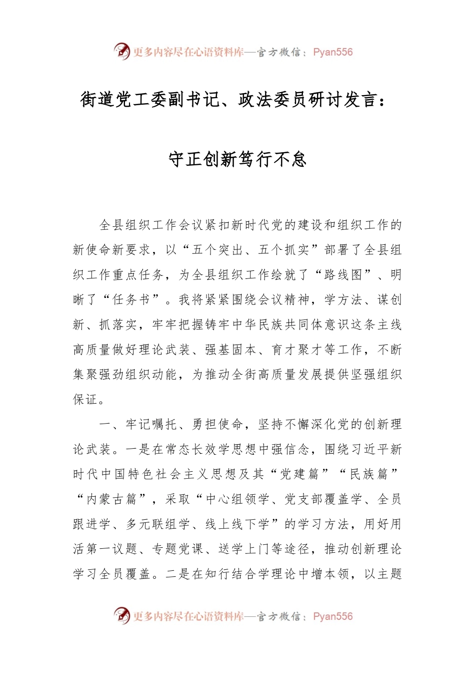 街道党工委副书记、政法委员研讨发言：守正创新笃行不怠.docx_第1页