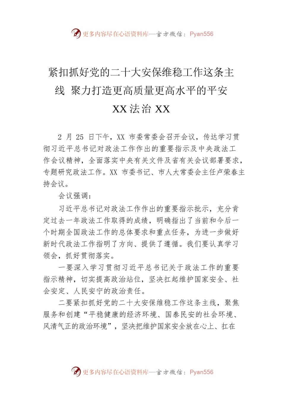 紧扣抓好党的二十大安保维稳工作这条主线 聚力打造更高质量更高水平的平安XX法治XX.docx_第1页