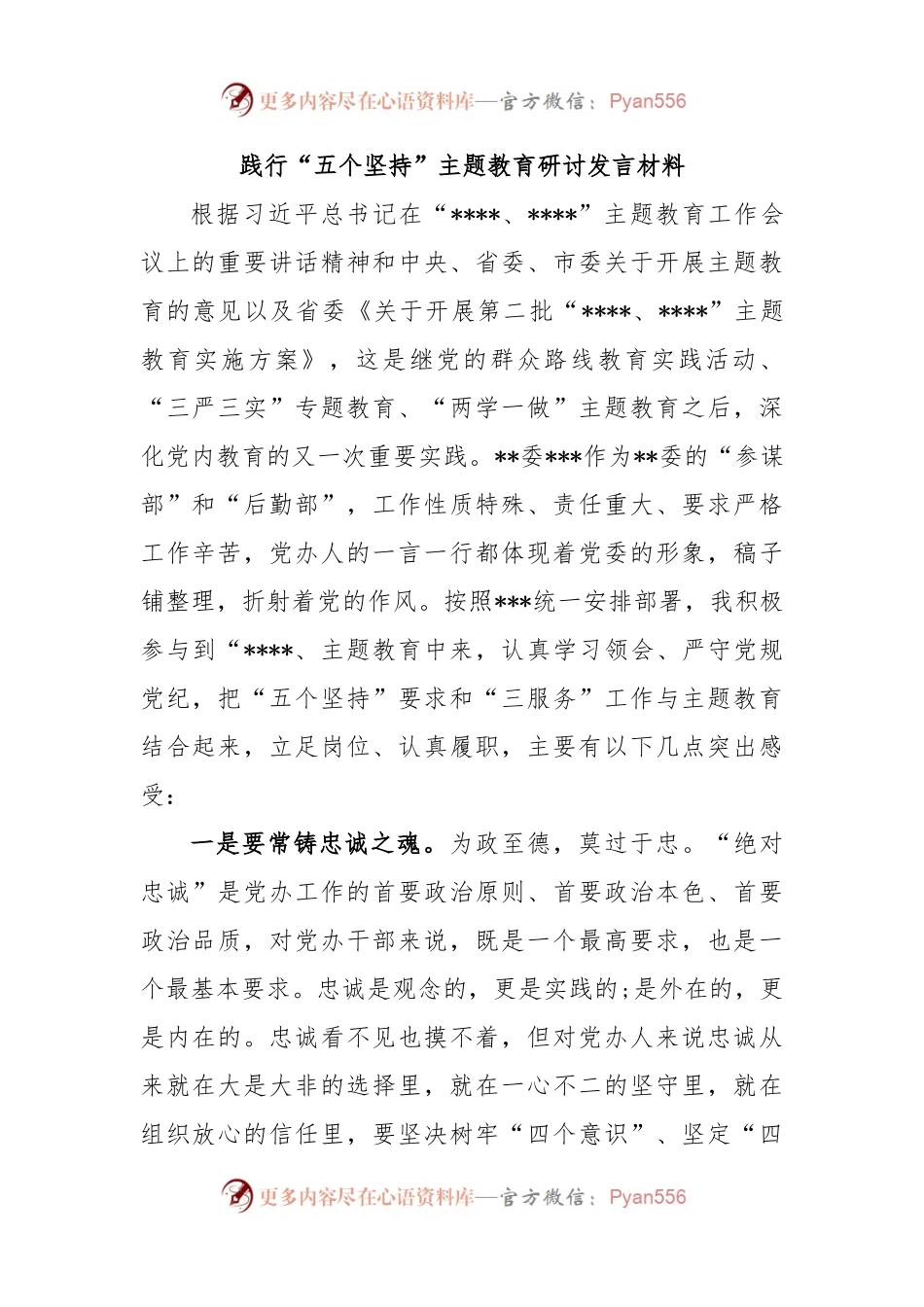 践行“五个坚持”主题教育研讨发言材料.docx_第1页