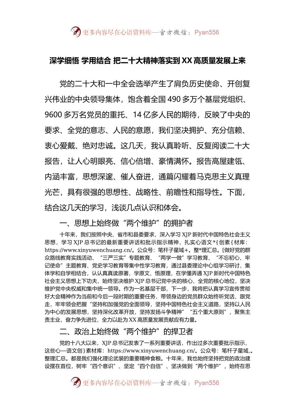 研讨发言：深学细悟 学用结合，落实到XX高质量发展上来.docx_第1页