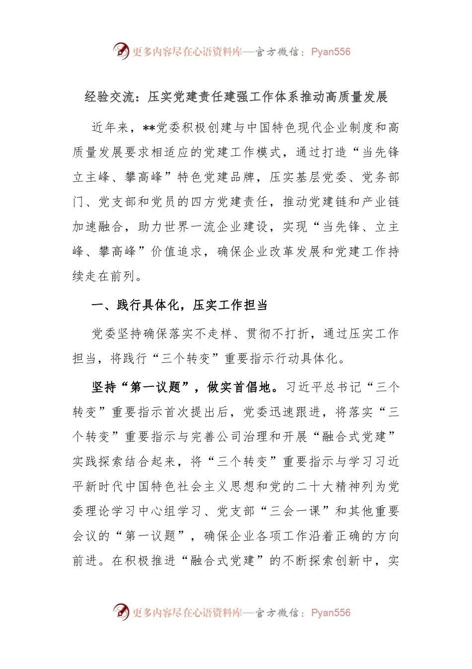 经验交流：压实党建责任 建强工作体系 推动高质量发展.docx_第1页