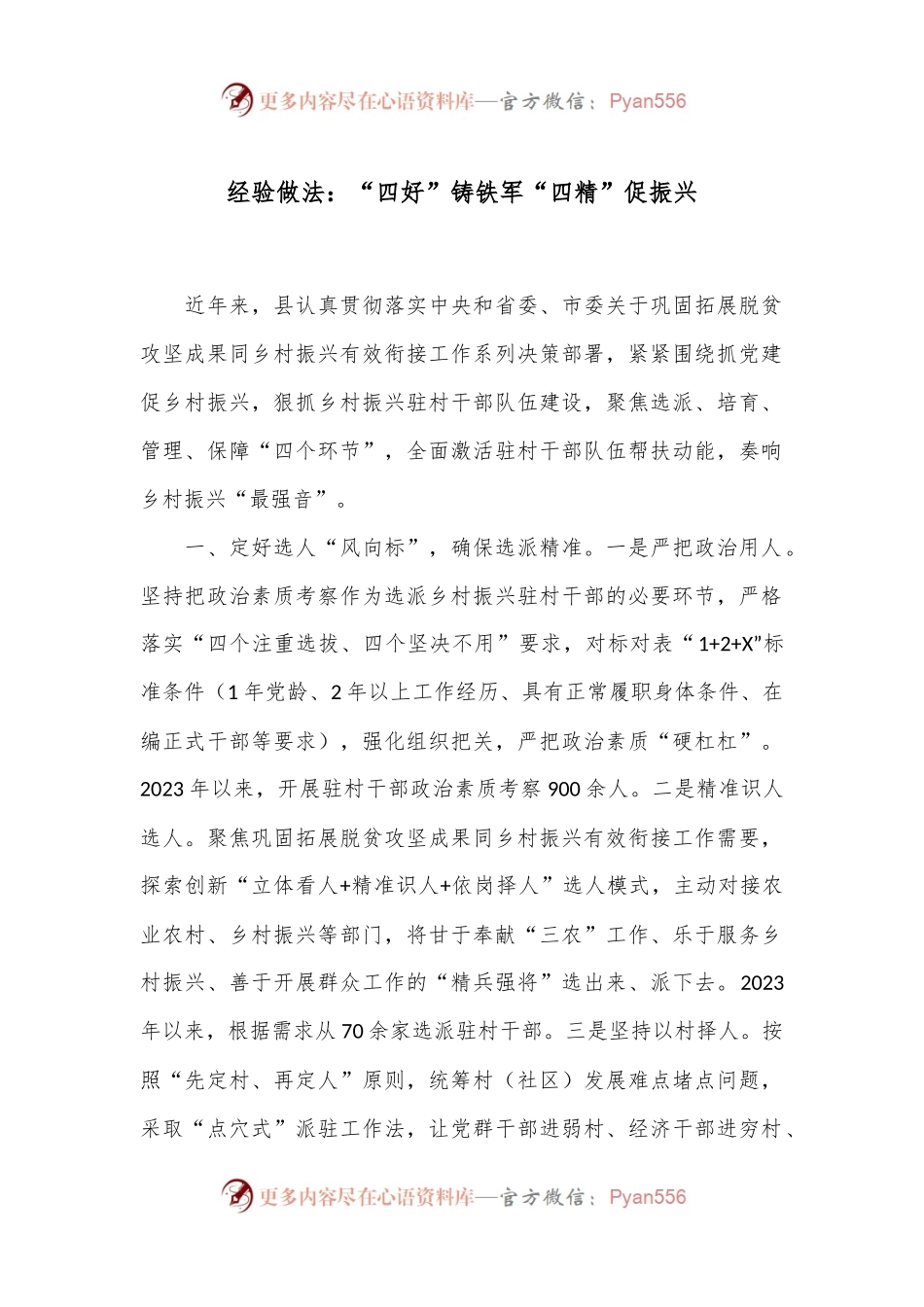经验做法：“四好”铸铁军“四精”促振兴.docx_第1页