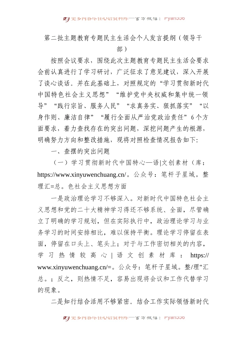 第二批主题教育专题民主生活会个人发言提纲（领导干部）.docx_第1页
