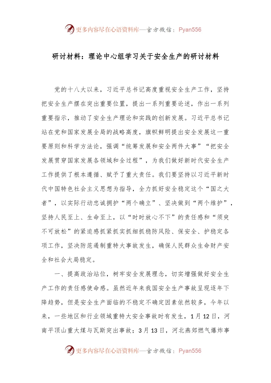 研讨材料：理论中心组学习关于安全生产的研讨材料.docx_第1页
