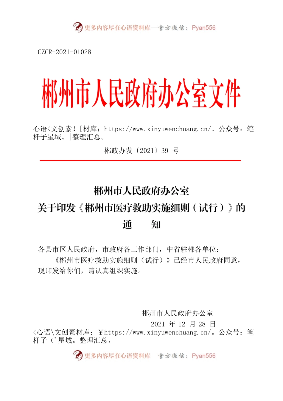 郴州市人民政府办公室关于印发《郴州市医疗救助实施细则（试行）》的通知.docx_第1页
