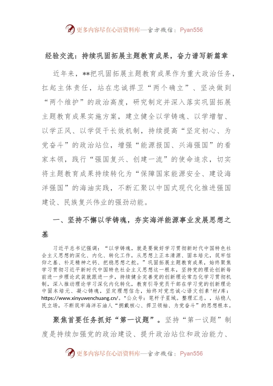 经验交流：持续巩固拓展主题教育成果，奋力谱写新篇章.docx_第1页