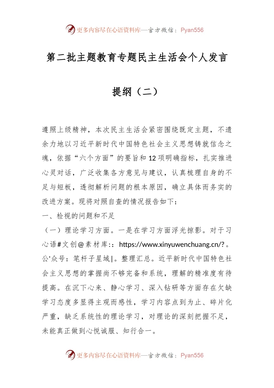 第二批主题教育专题民主生活会个人发言稿提纲（二）.docx_第1页