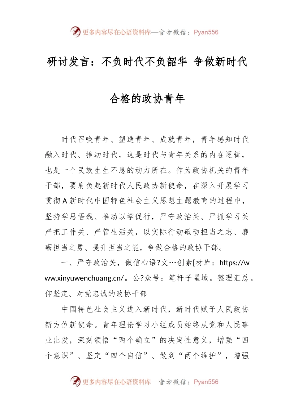 研讨发言：不负时代不负韶华 争做新时代合格的政协青年.docx_第1页