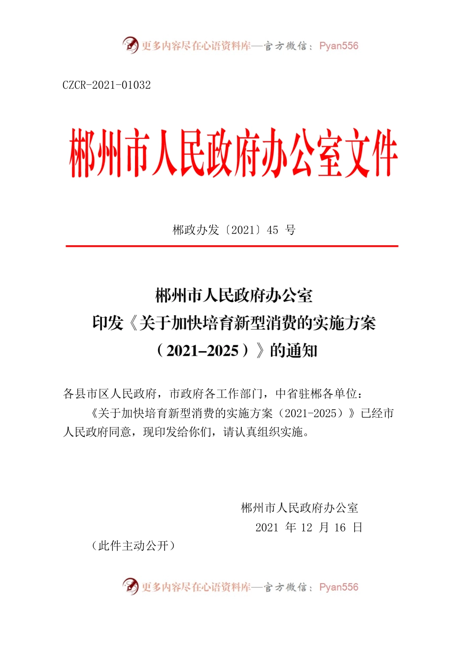 郴州市人民政府办公室印发《关于加快培育新型消费的实施方案（2021-2025）》的通知.docx_第1页