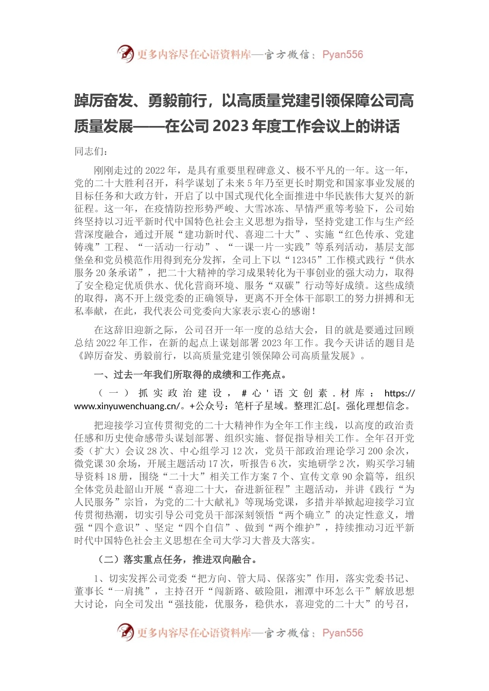 踔厉奋发、勇毅前行，以高质量党建引领保障公司高质量发展——在公司2023年度工作会议上的讲话(1).docx_第1页