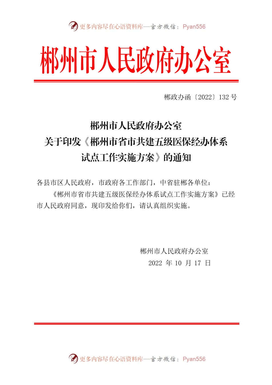 郴州市人民政府办公室关于印发《郴州市省市共建五级医保经办体系试点工作实施方案》的通知.docx_第1页