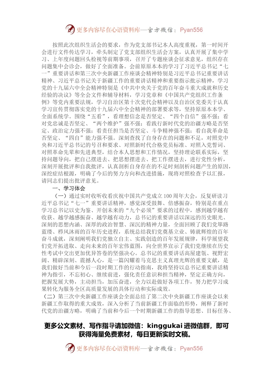 组织生活会党支部书记对照检查材料.docx_第1页